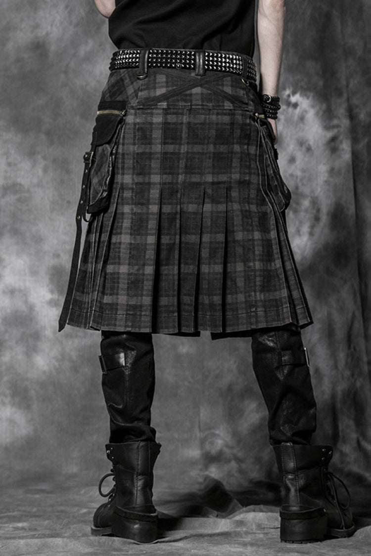 Black Plaid Print Ruffle Men's Steampunk Skirt - Product - 3