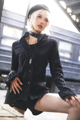 Black Long Sleeves Lotus Leaf Collar Slim Womens Classic Gothic Blouse - Product - 2