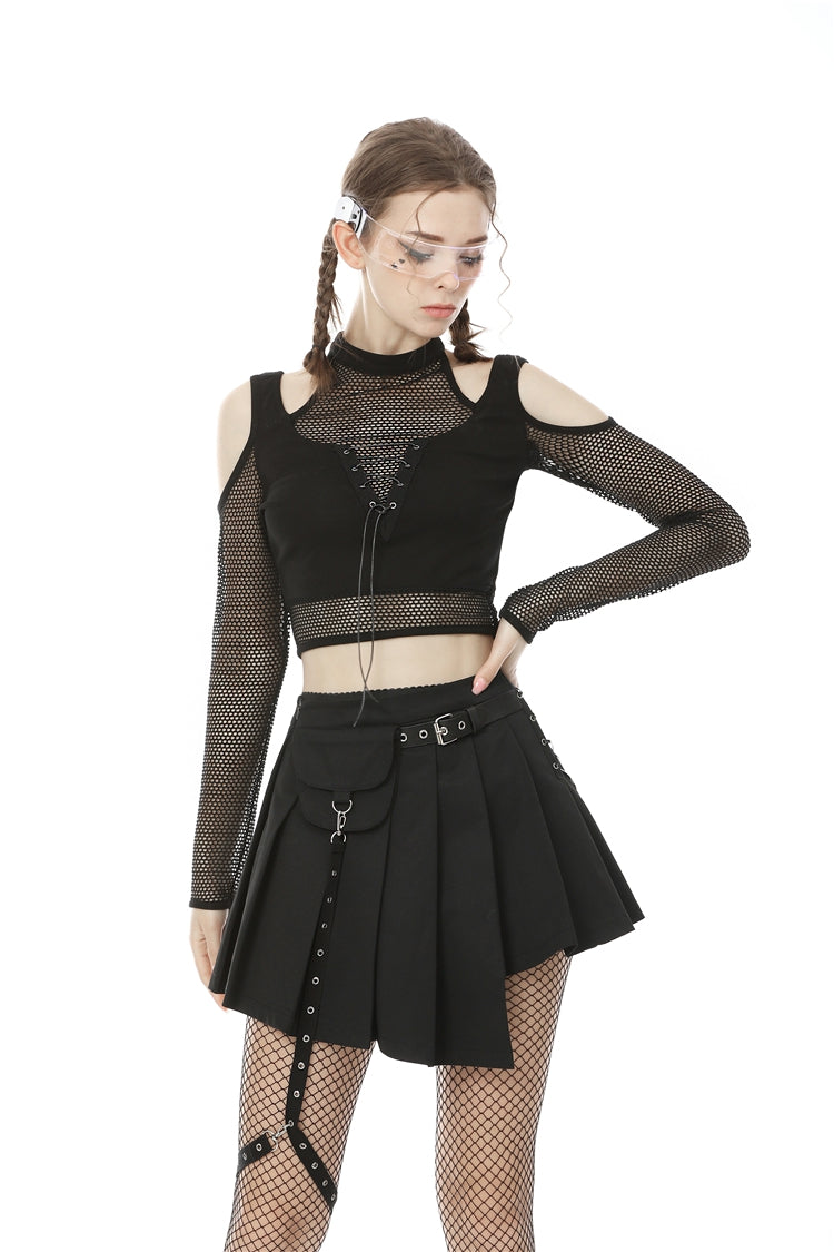 Black Off Shoulder Long Sleeves Lace-Up Chest Straps Sheer Mesh Women's Punk Top - Product - 11