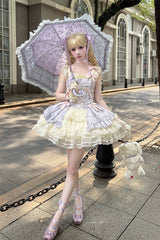 [Summer Butterfly] Square Collar Flutter Sleeves Multi-Layered Printed Ruffled Bow Lace Sweet Lolita Jsk Dress 5 Colors (Blue, Pink, Purple, Green, Beige) - Product - 3