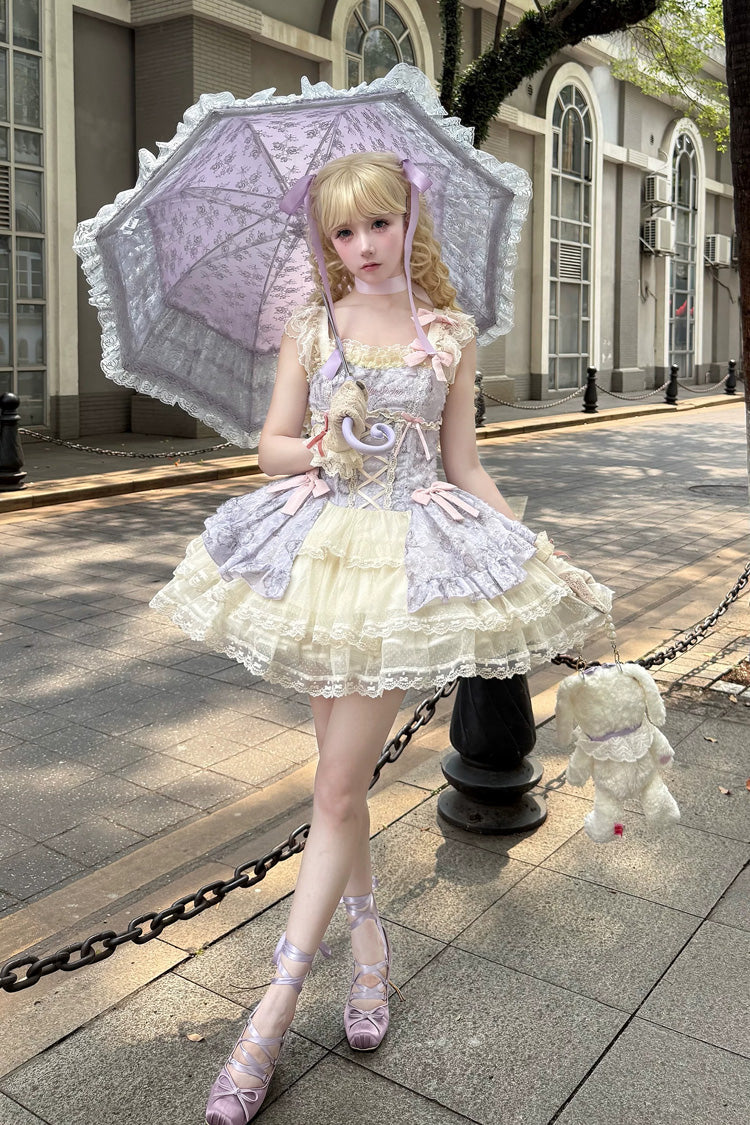 [Summer Butterfly] Square Collar Flutter Sleeves Multi-Layered Printed Ruffled Bow Lace Sweet Lolita Jsk Dress 5 Colors (Blue, Pink, Purple, Green, Beige) - Product - 3