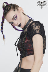 Black/Red Scottish Plaid Off Shoulder Bright Leather Straps Lace Up Lace Women's Punk T-Shirt - Product - 2