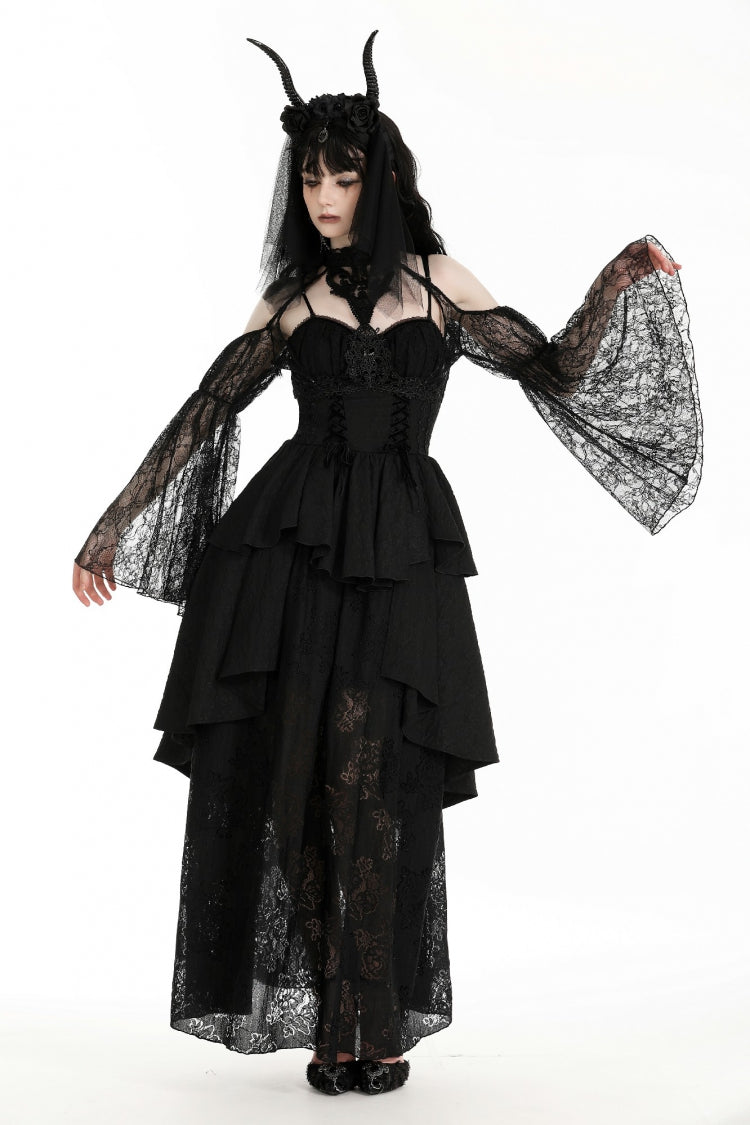 Black Off Shoulder Long Puff Sleeves Cut-Out Lace Women's Gothic Cape - Product - 9