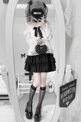 Black Triple-Layered Ruffle Lace Japanese Jirai Kei Skirt - Product - 5