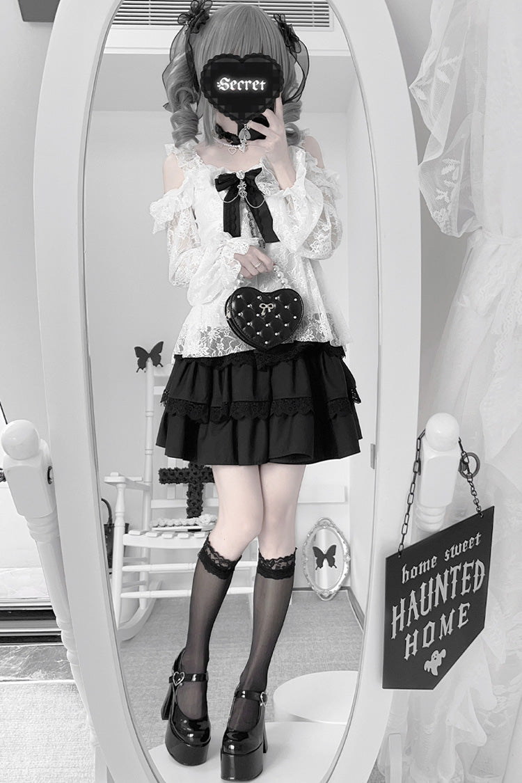 Black Triple-Layered Ruffle Lace Japanese Jirai Kei Skirt - Product - 5