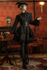 Black/Brown Single Breasted Long Sleeves Ruffled Striped Print Ouji Lolita Dress - Product - 2