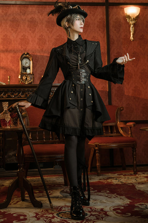 Black/Brown Single Breasted Long Sleeves Ruffled Striped Print Ouji Lolita Dress - Product - 2
