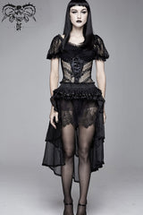 Black Bubble Sleeve Vertical Flower Lace Chest Cross Lace Up Women's Gothic T-Shirt - Product - 2