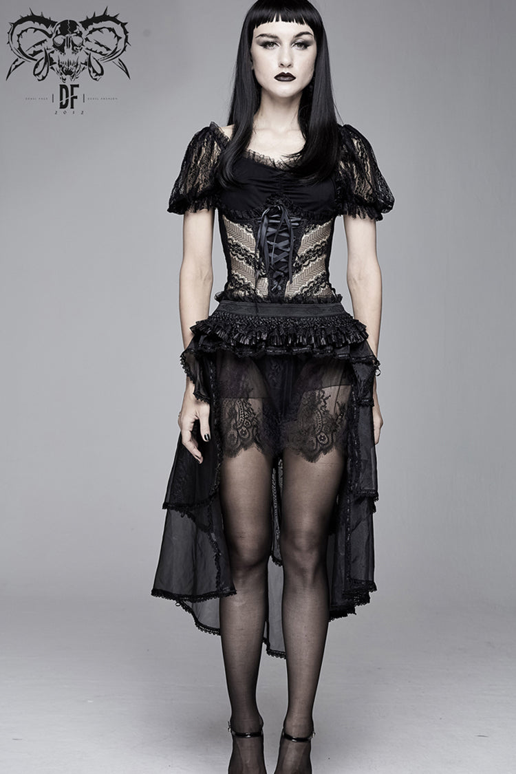 Black Bubble Sleeve Vertical Flower Lace Chest Cross Lace Up Women's Gothic T-Shirt - Product - 2