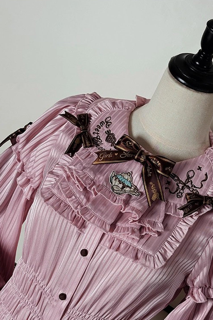 [Teddy Bear Chocolate] Round Collar Long Trumpet Sleeves Ruffle Bowknot Sweet Lolita Blouse 3 Colors - Product - 13