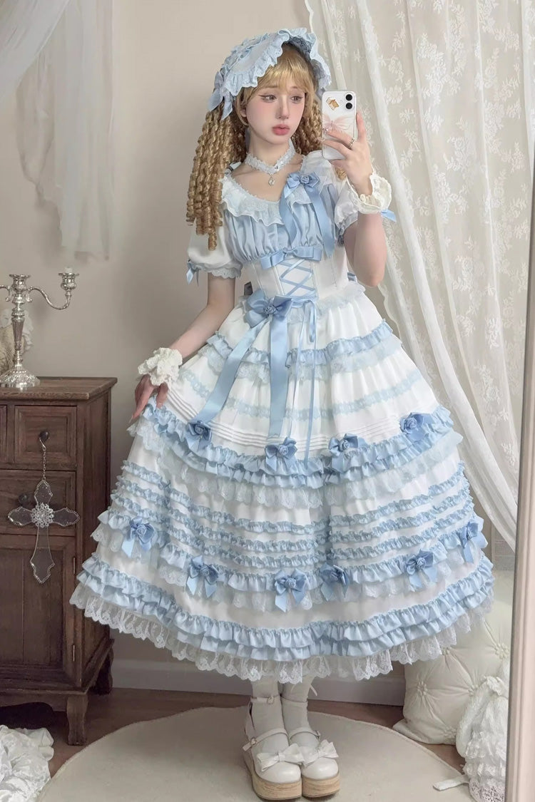 White/Blue [Layered Sea Salt Ice] Short Sleeves Ruffle Bowknot Lace Sweet Lolita Dress - Product - 4