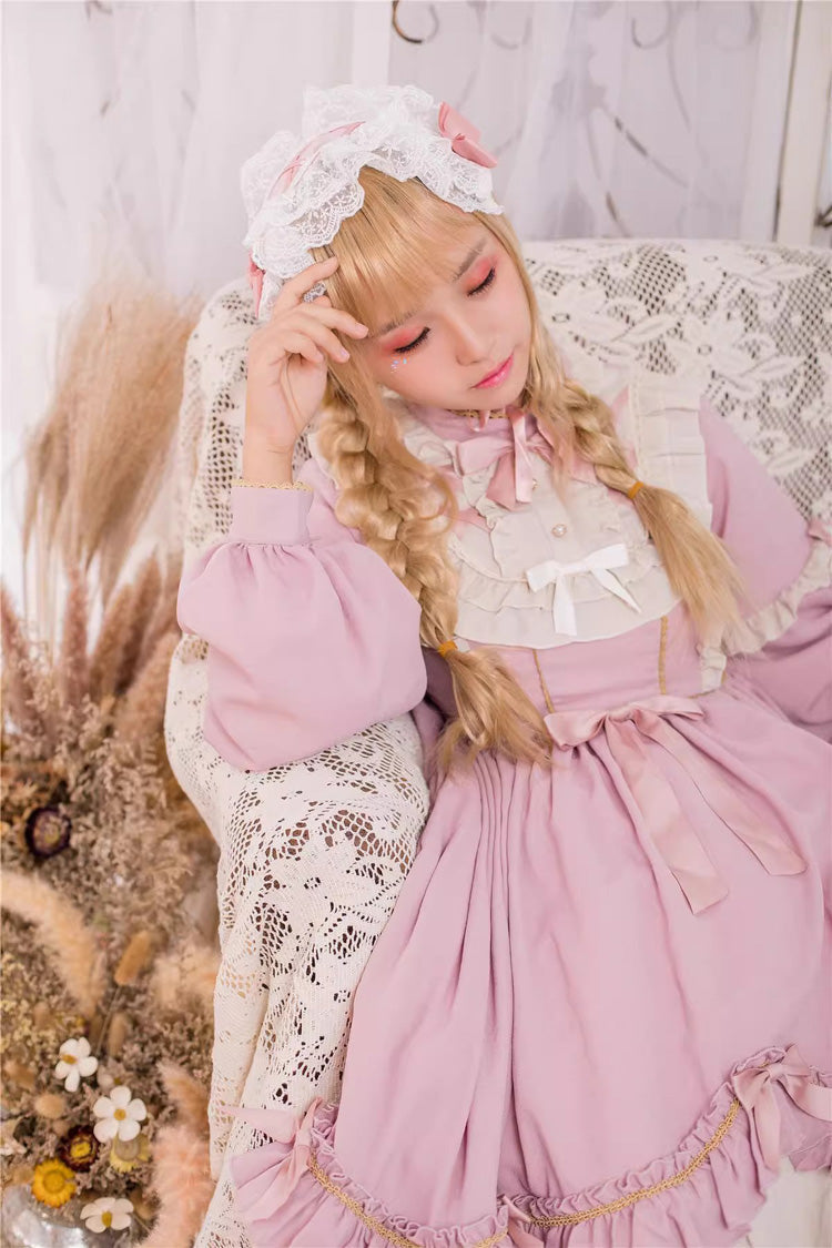 Pink Long Sleeves Ruffle Bowknot Daily Sweet Princess Lolita Dress - Product - 14