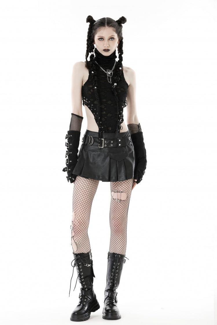 Black Faux Leather Metal Belt Buckled Pleated Women's Punk Mini Skirt - Product - 7