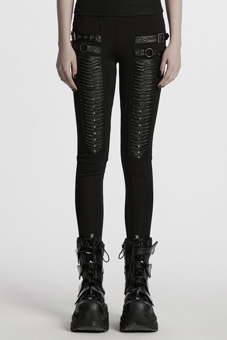 Black Buckle Straps Pleated Women's Punk Leggings - Black - 1