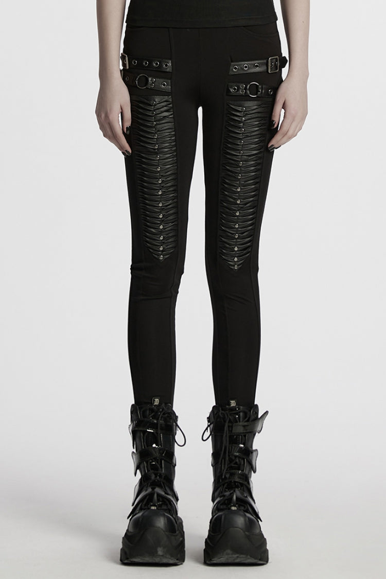 Black Buckle Straps Pleated Women's Punk Leggings - Black - 1
