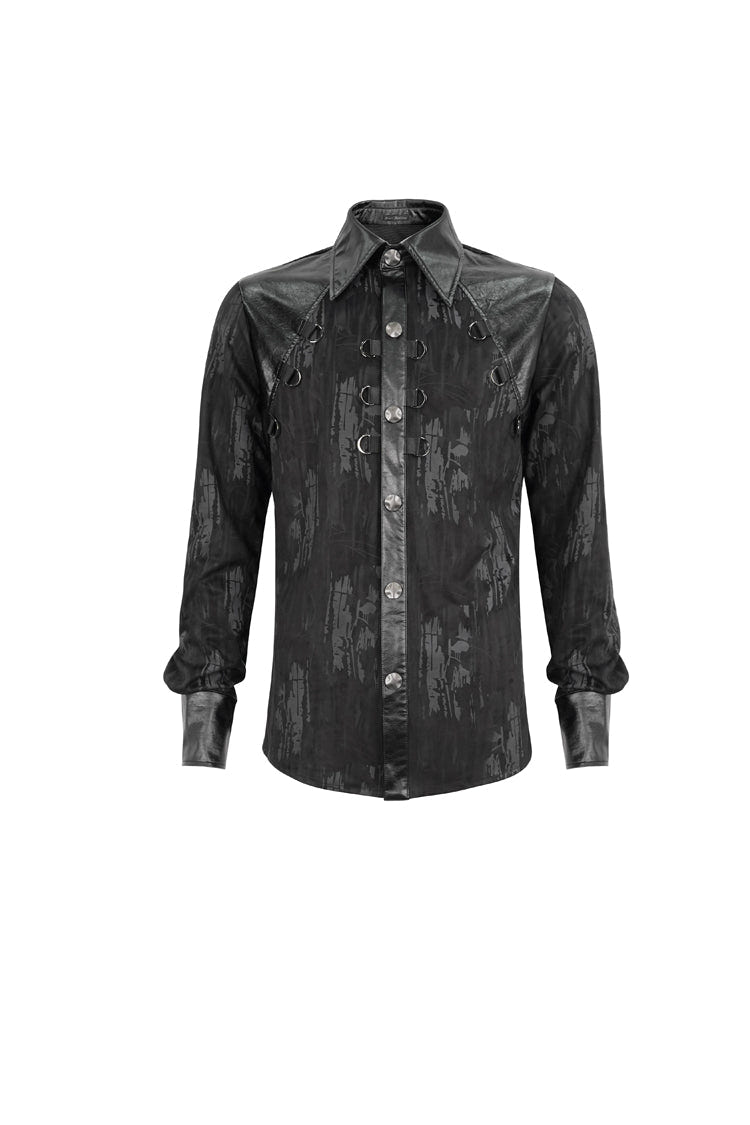 Black Ribbed Metal Chain Hand-Painted Velveteen Paneled Leather Men's Punk Shirt - Product - 6