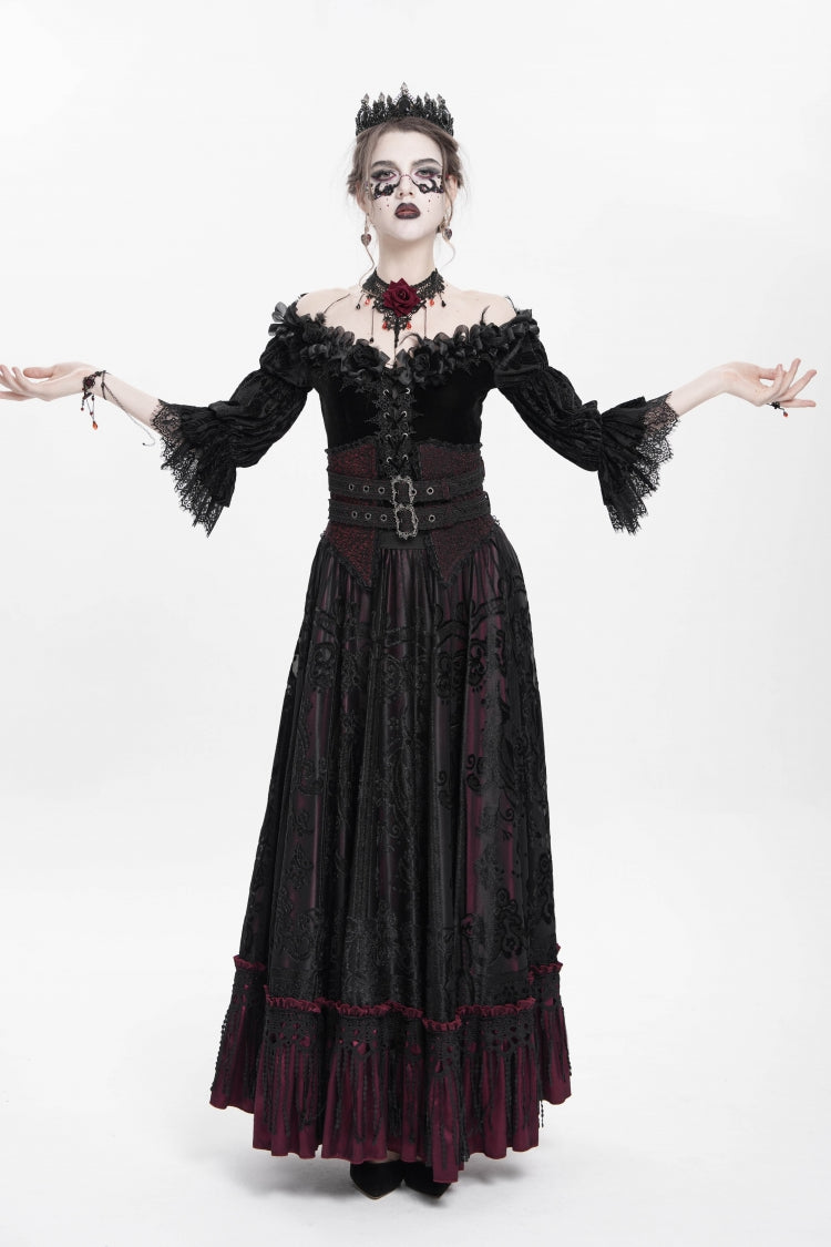 Red Jacquard Embroidery Buckle Tassels Women's Gothic Long Skirt - Product - 4