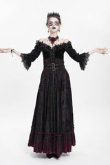 Red Jacquard Embroidery Buckle Tassels Women's Gothic Long Skirt - Product - 4
