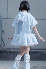 Blue Rabbit Ears Hooded Bowknot Lace Sweet Lolita Coat Set - Product - 10