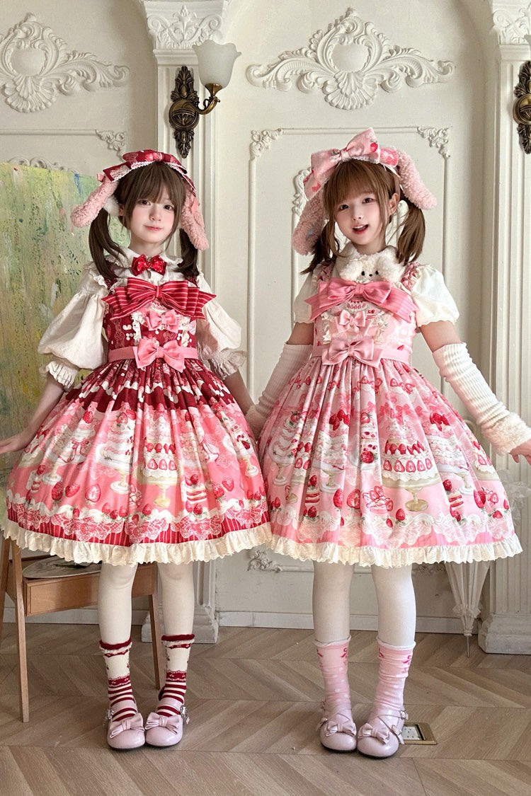 Pink [Strawberry Cake] Printed Ruffled Bow Daily Sweet Lolita Jsk Dress - Product - 2