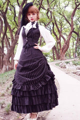 Black V Collar Stripe Print Classic College Style Elegant Lolita Vest - Product - 5