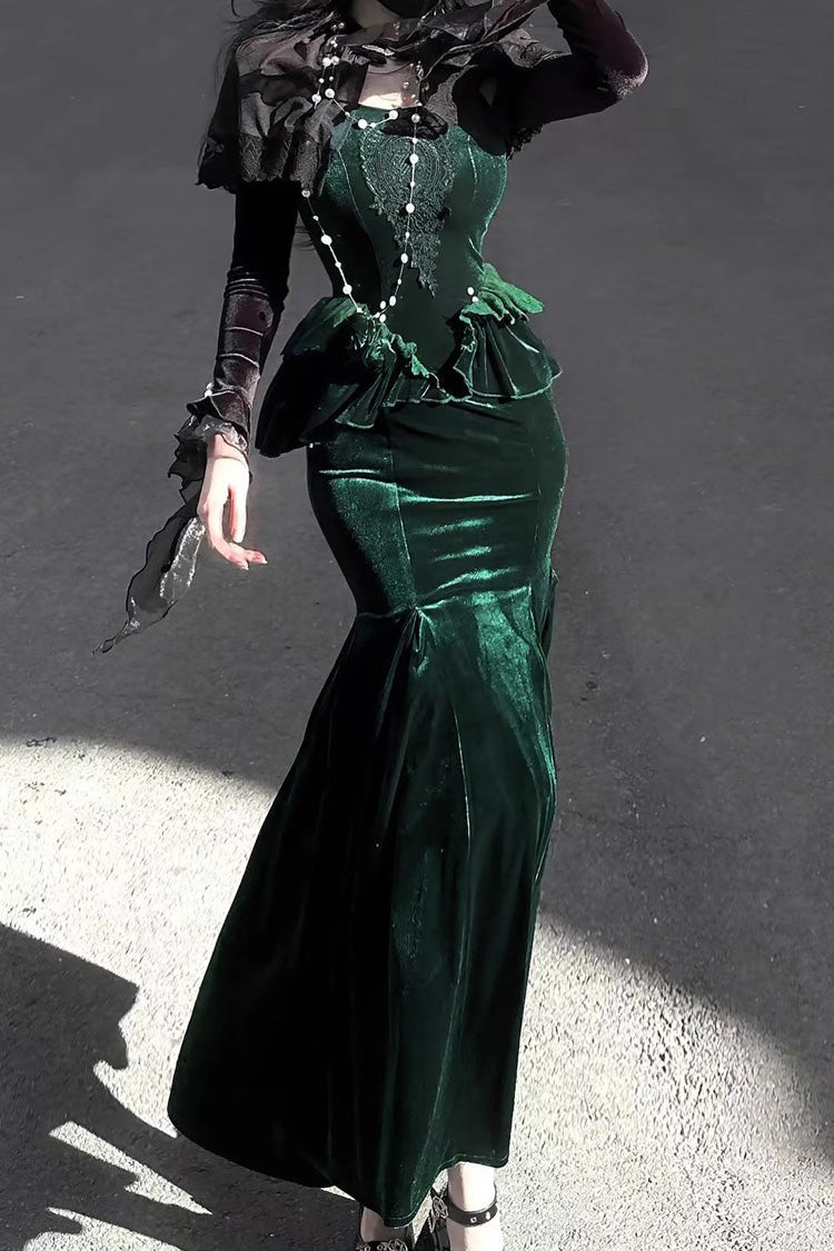 Green [Dark Forest] Ruffle Embroidery Slim Elegant Lolita Jsk Fishtail Dress - Product - 6