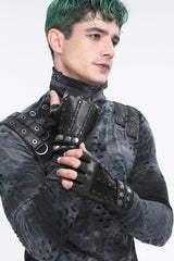 Black Studded Buckled Men's Punk Accessory Faux Leather Half-finger Gloves - Product - 4
