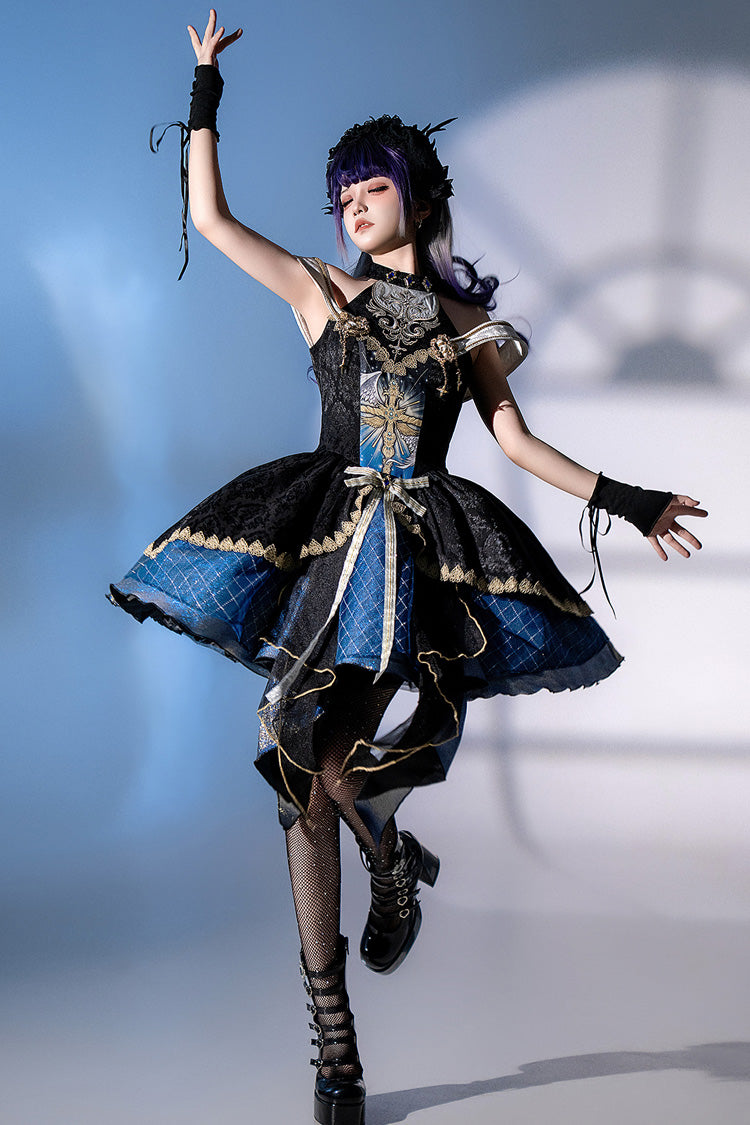 Black/Blue [Universe] Off Shoulder Halterneck Sleeveless Print Embroidery Cardigan Gothic Princess Lolita Dress - Product - 8