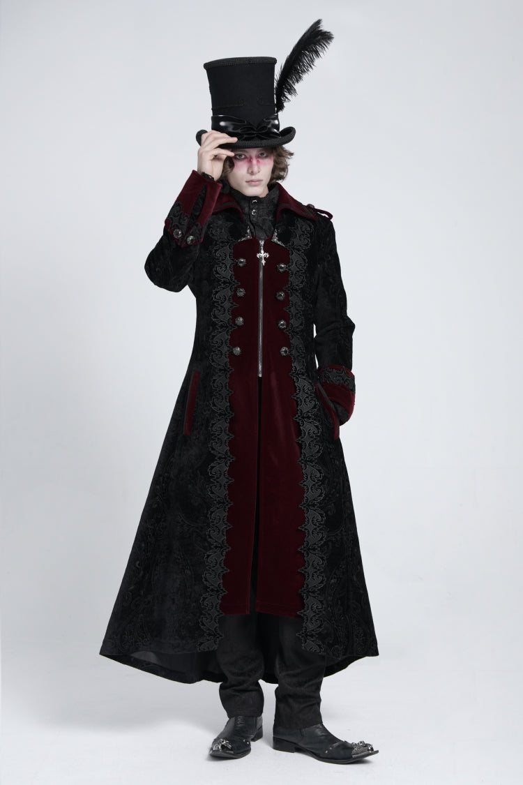 Black/Red Lapel Collar Embroidery Zipper Men's Gothic Handsome Coat - Product - 7