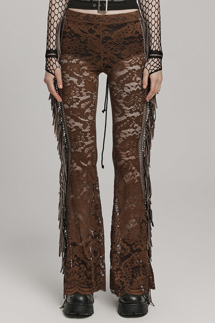 Lace Sheer Mesh Tassels Women's Gothic Flared Pants 2 Colors - Coffee - 8