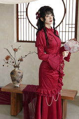 Red Long Sleeves Ruffle Embroidery Bowknot Lace Classic Chinese Style Elegant Lolita Dress - Product - 8