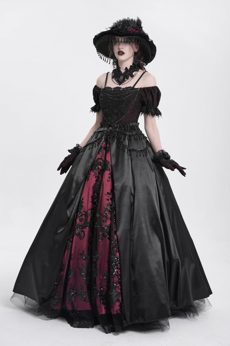 Black/Red Off Shoulder Embroidery Stitching Lace Women's Gothic Dress - Product - 2