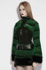 Green Stand Collar Long Sleeves Buckle Straps Faux Fur Women's Punk Short Cloak - Product - 2