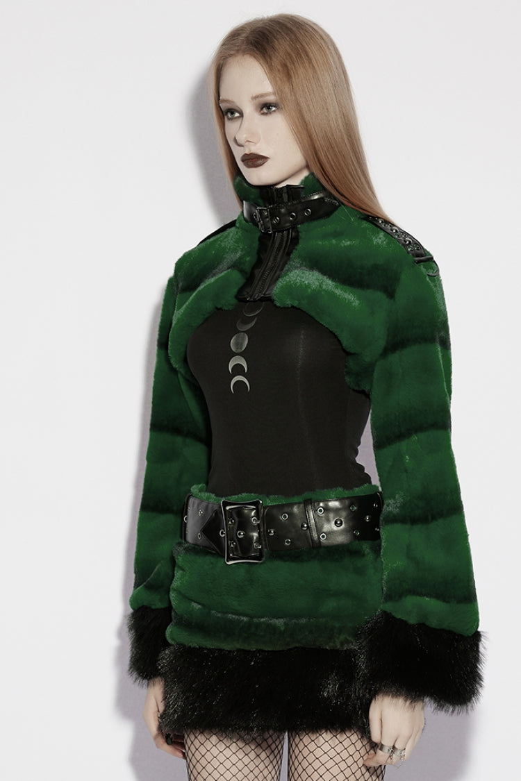 Green Stand Collar Long Sleeves Buckle Straps Faux Fur Women's Punk Short Cloak - Product - 2