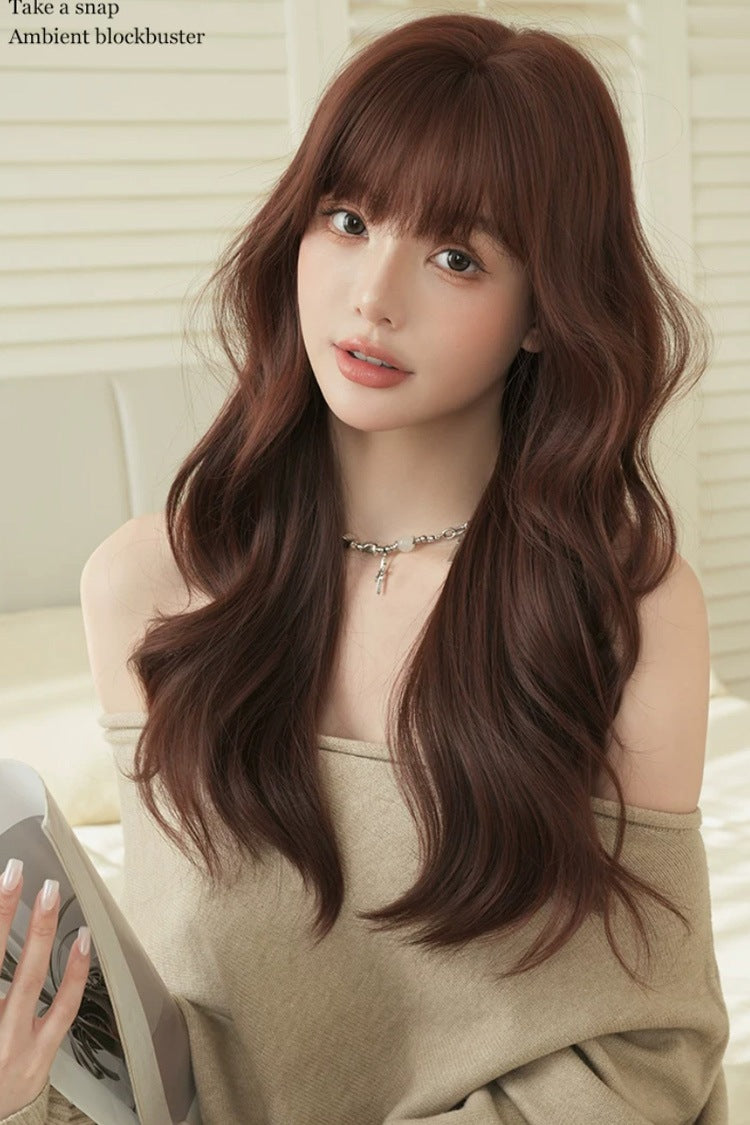 Dark Red Bean Paste Fluffy Natural Long Wavy Curls Sweet Daily Lolita Long Wig - Product - 2
