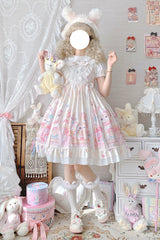 Ivory Cute Cat Print High Waisted Ruffle Bowknot Sweet Princess Lolita JSK Dress - Ivory - 1