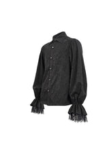 Black Lapel Collar Puff Sleeved Lace Hem Men's Gothic Shirt - Product - 7