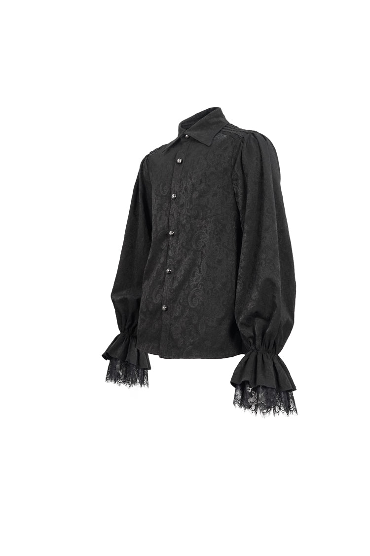 Black Lapel Collar Puff Sleeved Lace Hem Men's Gothic Shirt - Product - 7