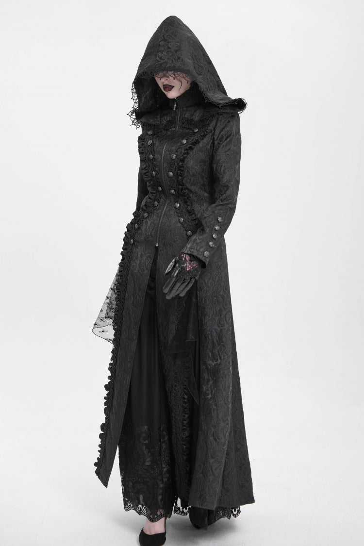 Black Stand Collar Long Sleeves Ruffle Hooded Women's Gothic Long Coat - Product - 6