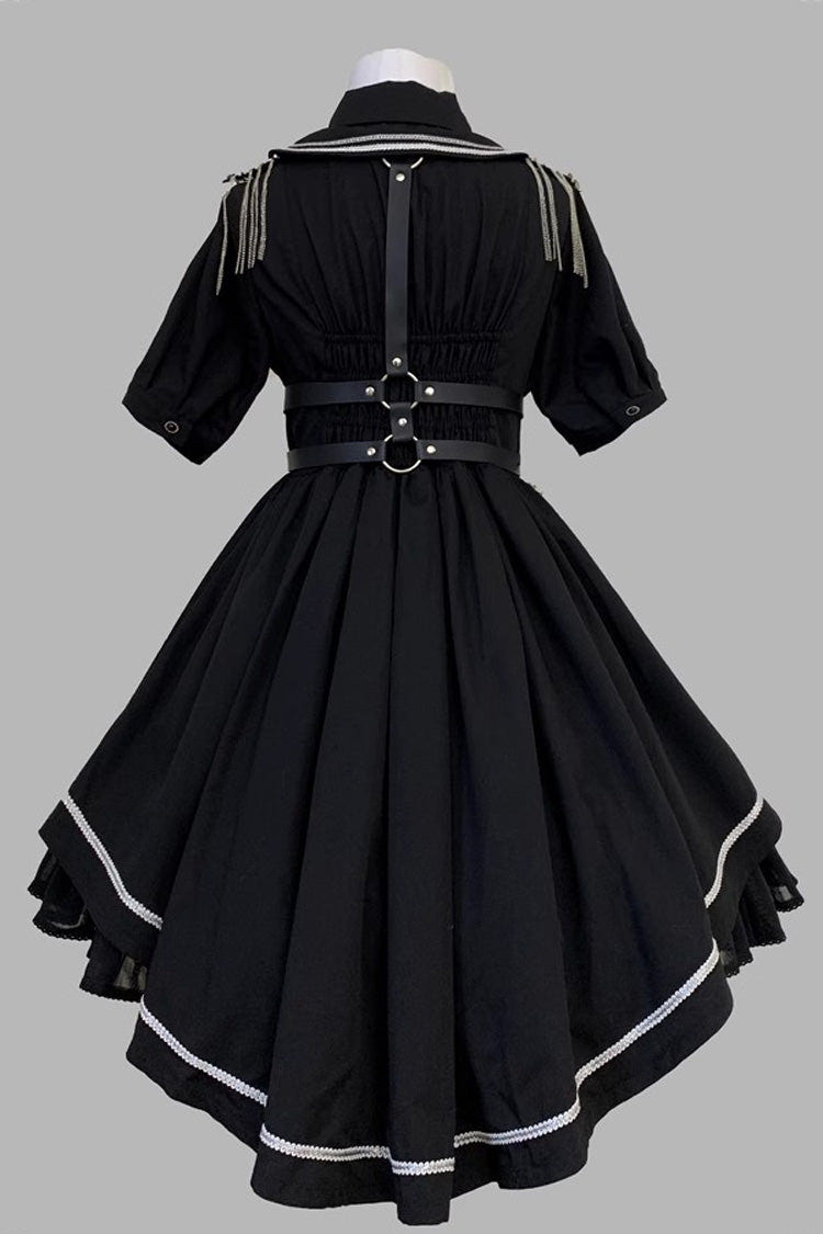 Black [Sunset Universe] Short Sleeves Cardigan Lace Gothic Military Handsome Lolita Dress Full Set - Product - 4