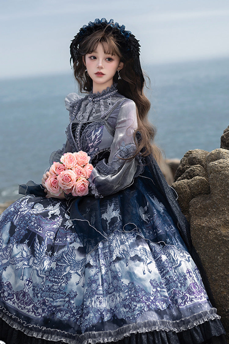 Blue [Angel Garden] Print Ruffle Bowknot Asymmetric Classic Elegant Lolita Jsk Dress - Product - 4