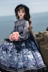 Blue [Angel Garden] Print Ruffle Bowknot Asymmetric Classic Elegant Lolita Jsk Dress - Product - 4
