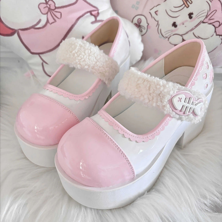 Fishbone-Style Single-Strap Buckle Sweet Lolita Platform Shoes - Pink/White - 4