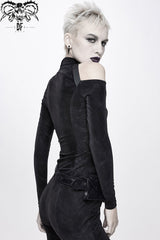Black Hasp Knitted Collar Off-Shoulder Ribbon Irregular Floral Pattern Stretch Women's Punk Coat - Product - 5