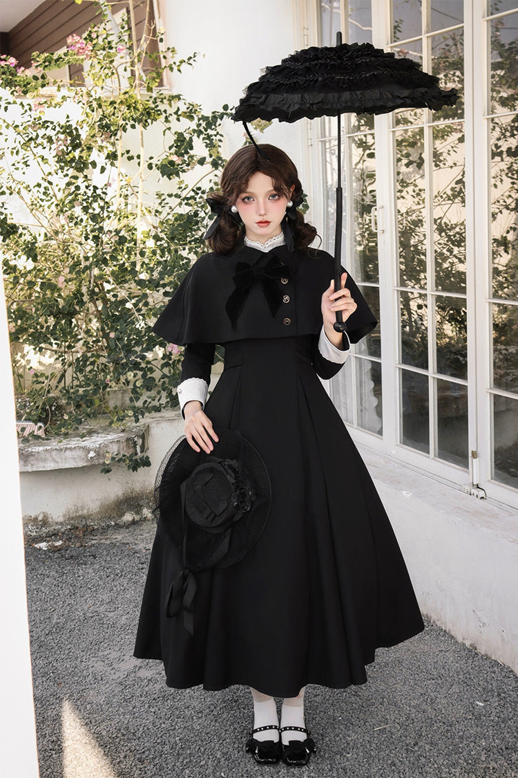 Black [Miss Donya] Stand Collar Long Sleeves Bow Gothic Elegant Lolita OP Dress - Product - 3