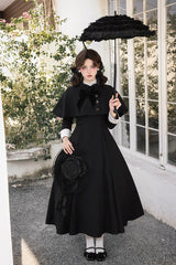 Black [Miss Donya] Stand Collar Long Sleeves Bow Gothic Elegant Lolita OP Dress - Product - 3