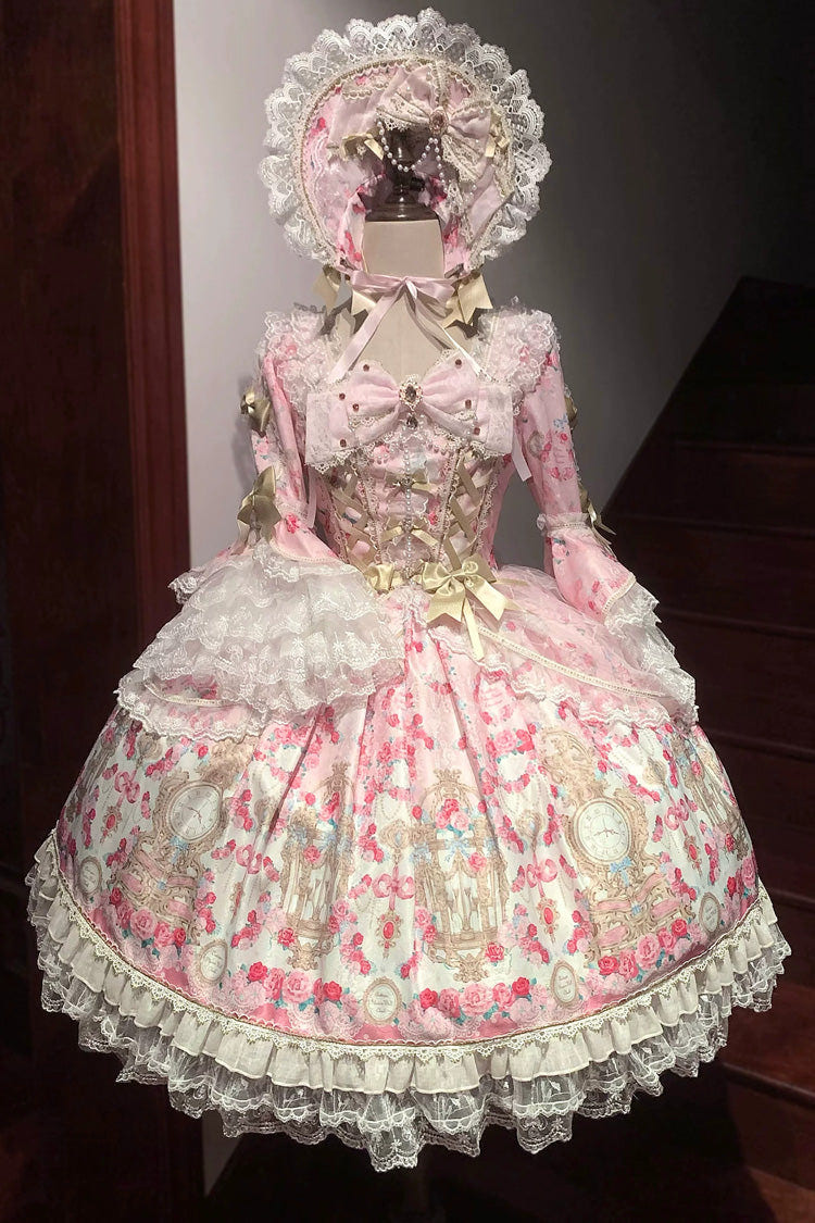 Pink [Rose Garden Prelude] Square Collar Long Trumpet Sleeves Printed Ruffled Bow Lace Lace-Up Sweet Lolita Dress - Product - 3