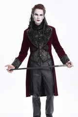 Wine Red Long Sleeves Button Floral Embroidery Men's Gothic Jacket - Product - 4