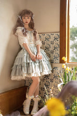 White/Blue Flower Language Multi-layer Ruffle Sweet Lolita Skirt Set - Product - 7