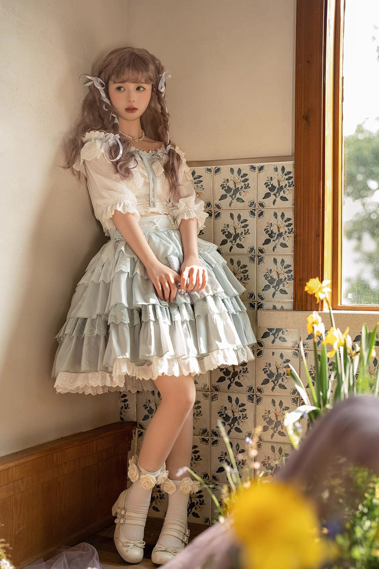 White/Blue Flower Language Multi-layer Ruffle Sweet Lolita Skirt Set - Product - 7